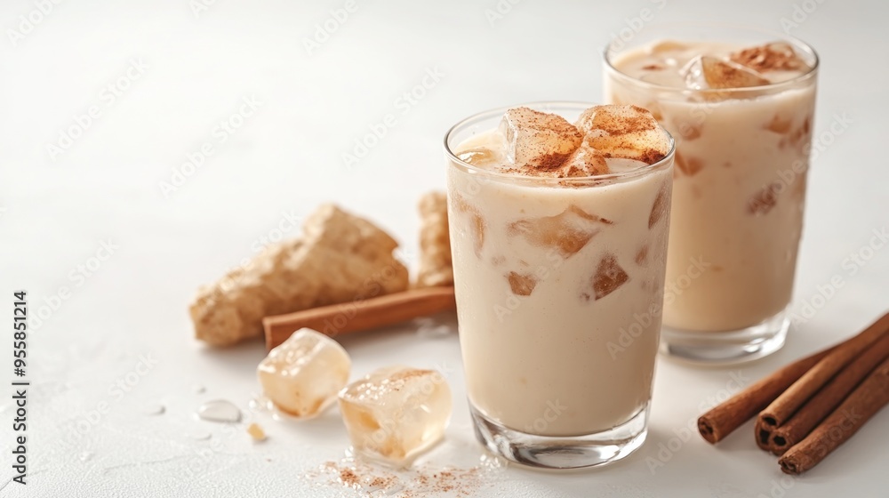 Iced cinnamon milk drink with ice cubes and cinnamon sticks Iced cinnamon milk drink with ice cubes and cinnamon sticks