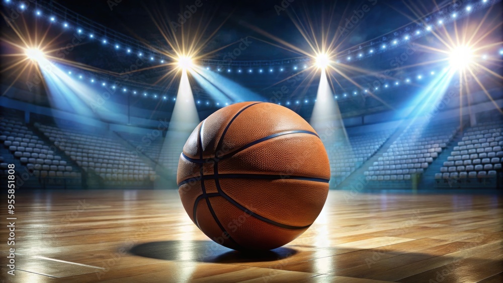 A basketball illuminated by spotlight on shiny court with full stadium in background, basketball, shiny court, spotlight A basketball illuminated by spotlight on shiny court with full stadium in background, basketball, shiny court, spotlight