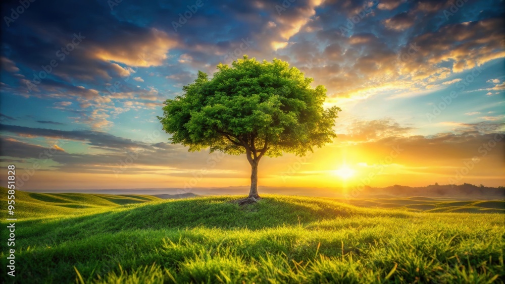 Fototapeta premium Small tree growing in vibrant green world at sunrise, tree, growth, nature, environment, sustainable, Earth Day, ecology