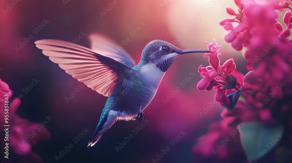 Naklejka premium Hummingbird in Flight, Drinking Nectar from Flowers