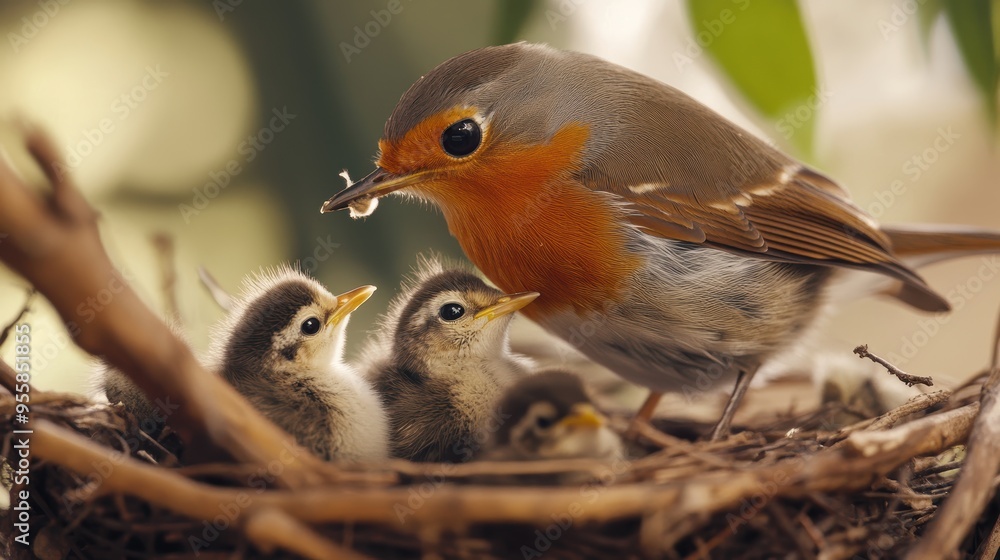 Fototapeta premium Mother Robin Feeding Her Chicks