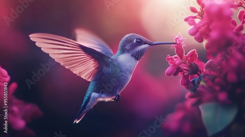 Hummingbird in Flight, Drinking Nectar from Flowers photo