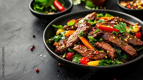 Delicious Beef Salad with Bell Peppers Parsley and Sesame Seeds