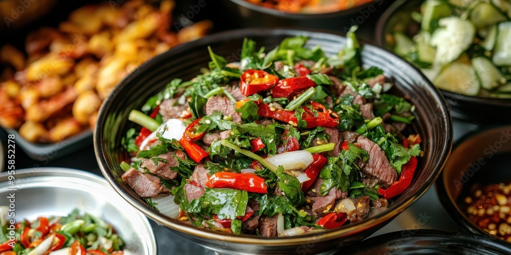 Spicy Beef Salad with Chili Peppers and Herbs in a Black Bowl Spicy Beef Salad with Chili Peppers and Herbs in a Black Bowl