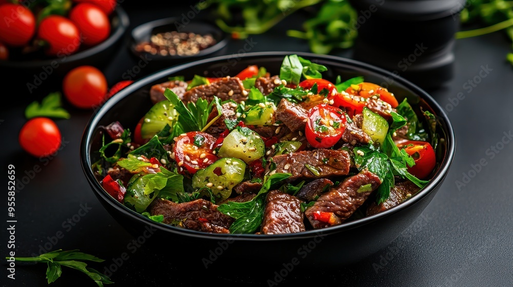 Delicious Beef Salad with Cherry Tomatoes Cucumbers and Sesame Seeds Delicious Beef Salad with Cherry Tomatoes Cucumbers and Sesame Seeds