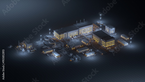 Konstfotografi Top view of a metallurgical plant in isometric on a dark background