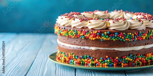 Delicious chocolate cake with colorful sprinkles and creamy frosting, baked, sweet, dessert, celebration, party, birthday