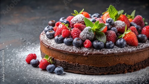 Decadent chocolate cake topped with fresh berries and powdered sugar, dessert, chocolate, cake, sweet, indulgent
