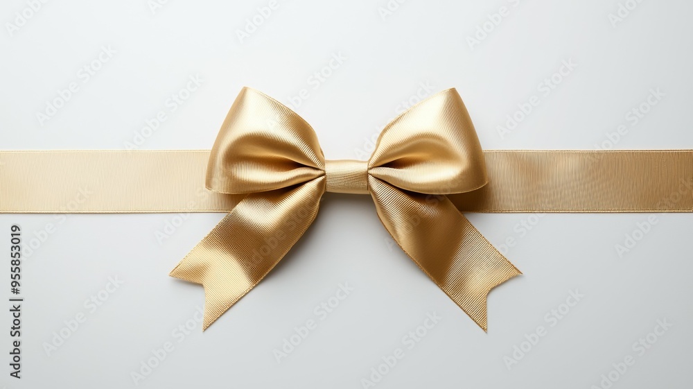 A gold ribbon bow is shown on a white background A gold ribbon bow is shown on a white background