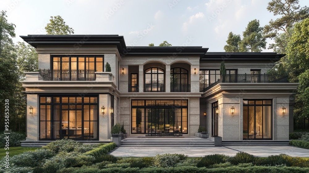 Fototapeta premium Elegant modern mansion surrounded by lush greenery and natural light.
