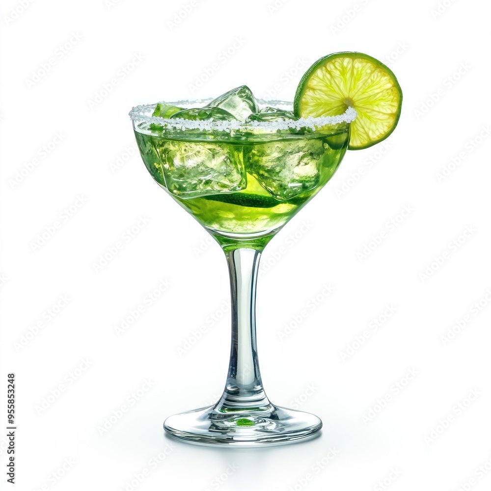 Green cocktail with ice cubes and lime wedge in a martini glass Green cocktail with ice cubes and lime wedge in a martini glass