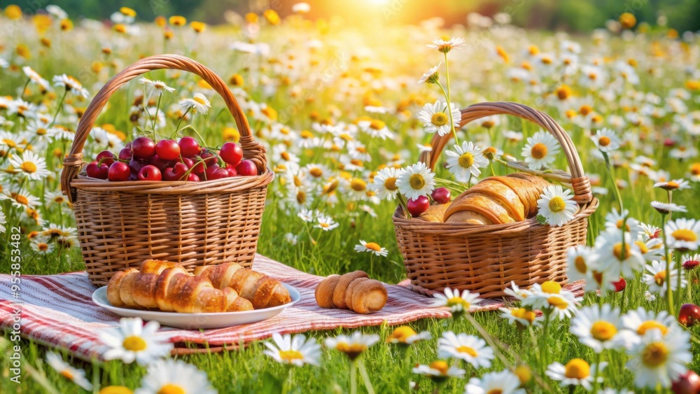 Picnic baskets filled with croissants and cherries spread out in a scenic chamomile field , picnic, baskets, croissants Picnic baskets filled with croissants and cherries spread out in a scenic chamomile field , picnic, baskets, croissants