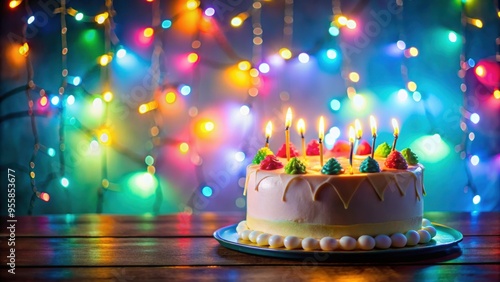Birthday cake with colorful lights on top , celebration, dessert, party, candles, sweet, festive, delicious, pastry