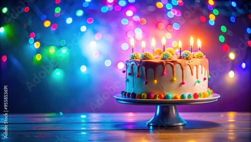 Birthday cake with colorful LED lights for a festive celebration, birthday, cake, lights, colorful, LED, candles, festive