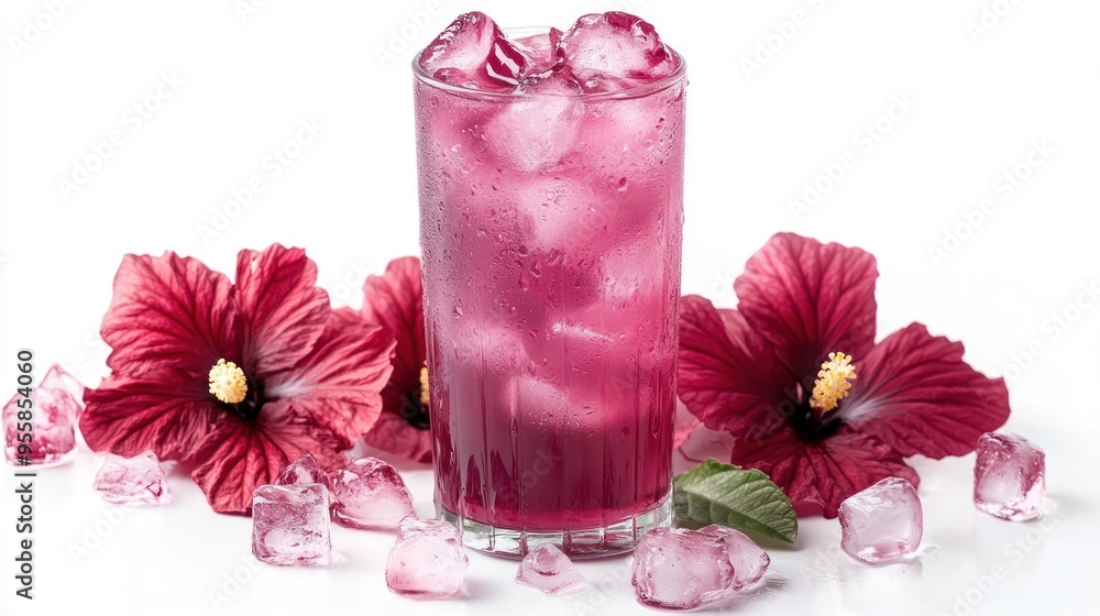 Pink Hibiscus Flower Drink with Ice Cubes Pink Hibiscus Flower Drink with Ice Cubes