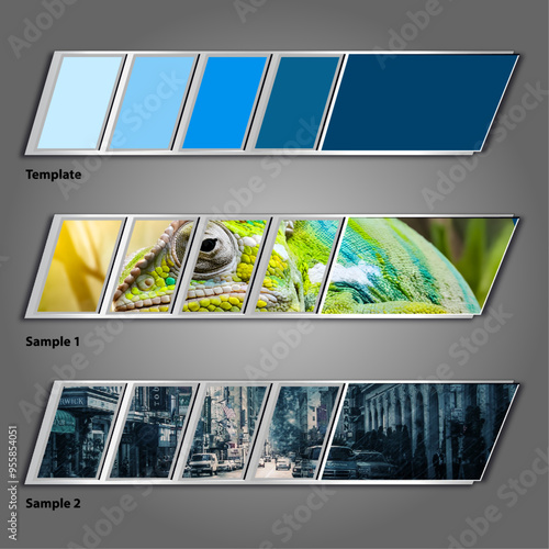 A fancy 5 panel vector graphic. Use one of your photos to go all the way across or be creative and use 5 different photos. Fully editable within Illustrator.,  2 samples included.
