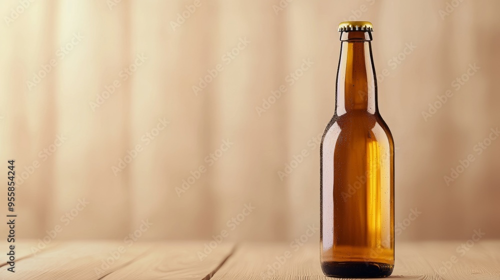 A bottle of beer sits on a wooden table A bottle of beer sits on a wooden table