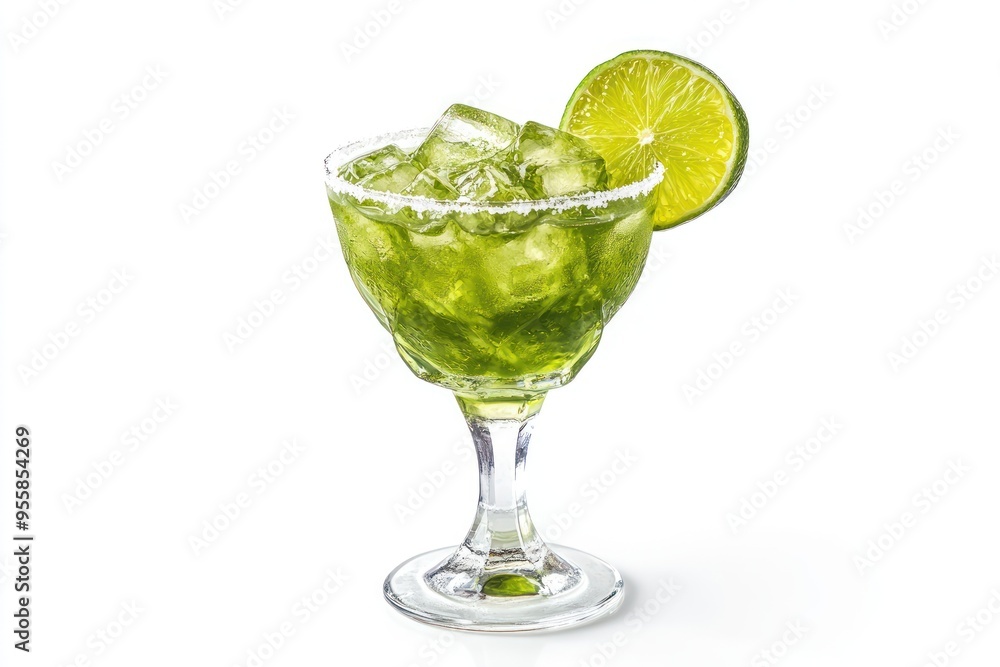 Green cocktail in a glass with ice and a lime wedge Green cocktail in a glass with ice and a lime wedge