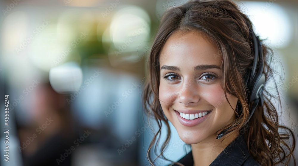 Smiling Woman with Headset in Office Environment Smiling Woman with Headset in Office Environment