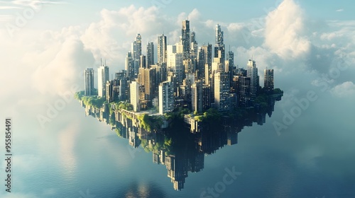 A tranquil cityscape with buildings that defy gravity, floating above a peaceful sea photo