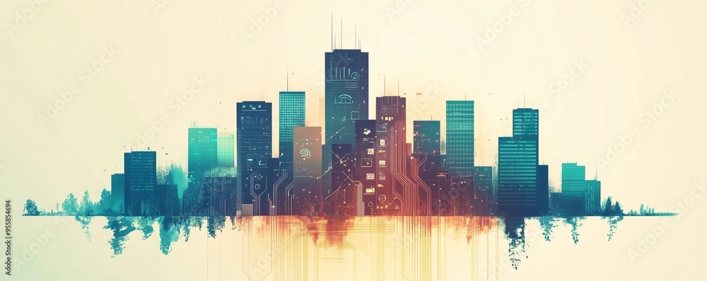 Obraz premium Futuristic City Skyline Made Up of Digital Elements with Business Icons and Circuit Lines Embedded in the Structures
