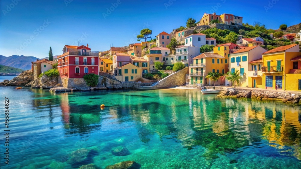 Obraz premium Vibrant image of a quaint Mediterranean island village with colorful buildings and crystal clear waters