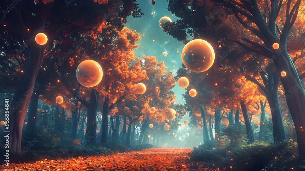 A surreal forest with trees that have glowing leaves, under a sky filled with floating orbs A surreal forest with trees that have glowing leaves, under a sky filled with floating orbs