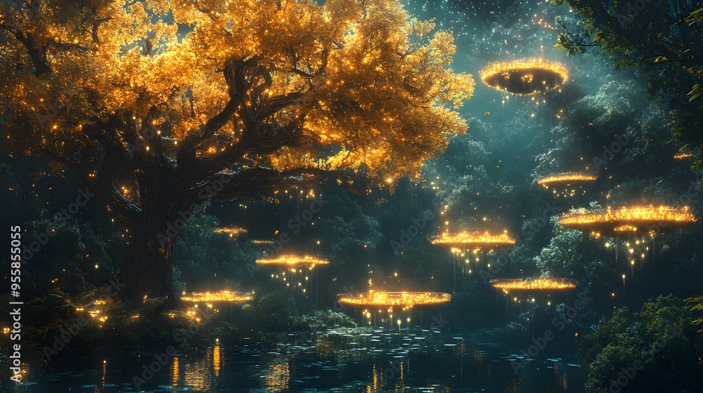 A tranquil forest with trees that have glowing leaves, under a sky filled with floating islands A tranquil forest with trees that have glowing leaves, under a sky filled with floating islands