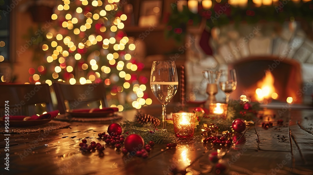 Festive Christmas Table Setting with Champagne, Candles, and Ornaments Festive Christmas Table Setting with Champagne, Candles, and Ornaments