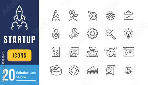 Set of Startup Related Vector Line Icons. Contains such Icons as Goal, Out of the Box Idea, Launch Project and more. Editable Stroke. 