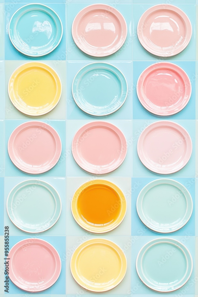 Pastel Colored Plates on Blue Background Pastel Colored Plates on Blue Background