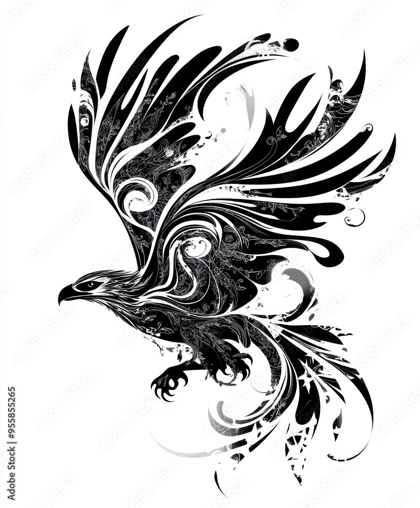Obraz premium A stylized black and white illustration of an eagle with intricate swirling patterns.