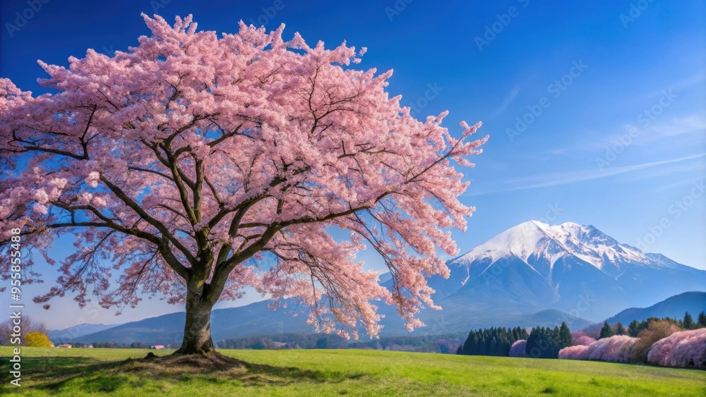 Cherry blossom tree in full bloom with blue sky and distant mountain backdrop, cherry blossom, tree, spring, blue sky, mountain Cherry blossom tree in full bloom with blue sky and distant mountain backdrop, cherry blossom, tree, spring, blue sky, mountain