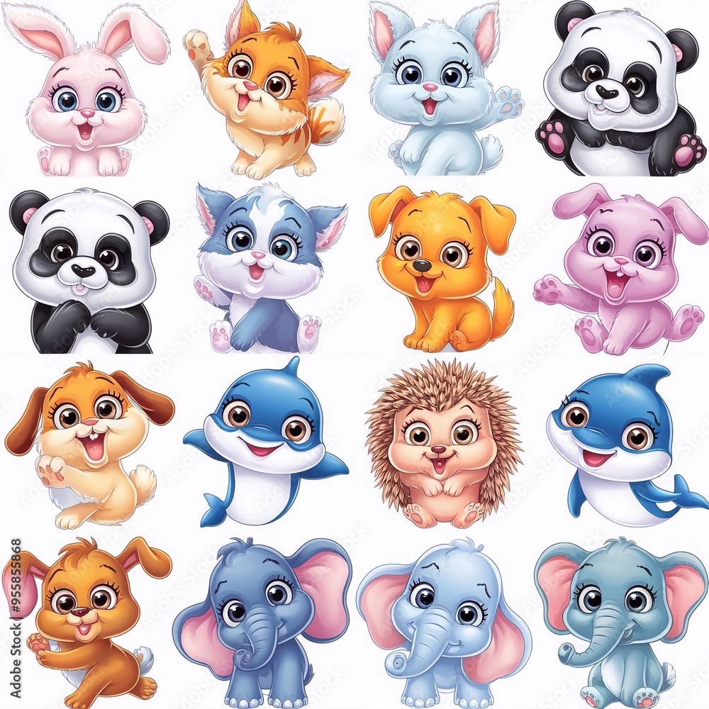 Obraz premium set of cartoon animals, This image features cute cartoon animals like a giraffe, elephant, lion, and more, all with bright and cheerful expressions.