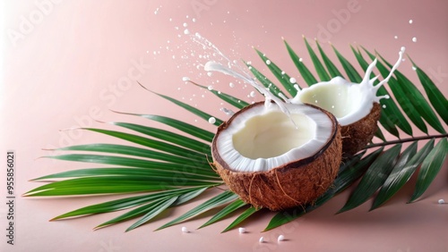 Coconut with palm leaf and milk splash on light pink background, coconut, palm leaf, milk splash, tropical, pink, background