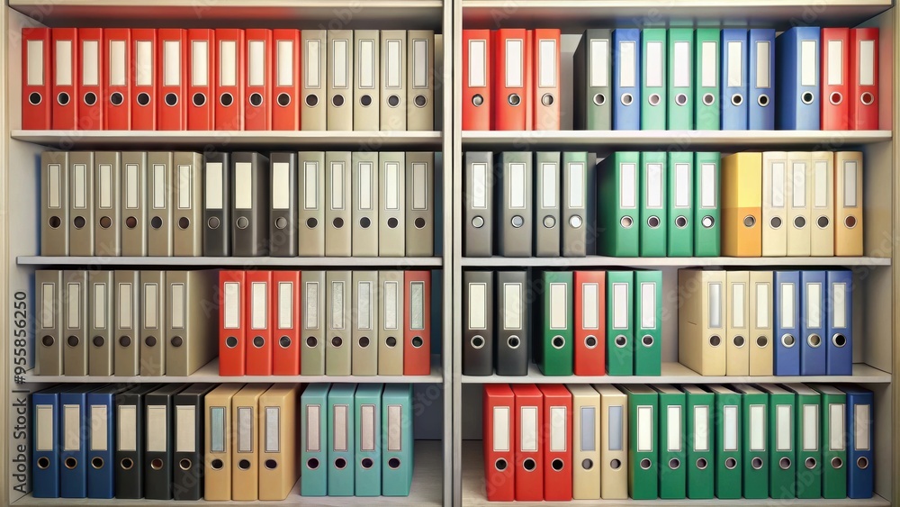 Folders neatly organized on a shelf , organization, storage, paperwork, office, supplies, files, documents Folders neatly organized on a shelf , organization, storage, paperwork, office, supplies, files, documents