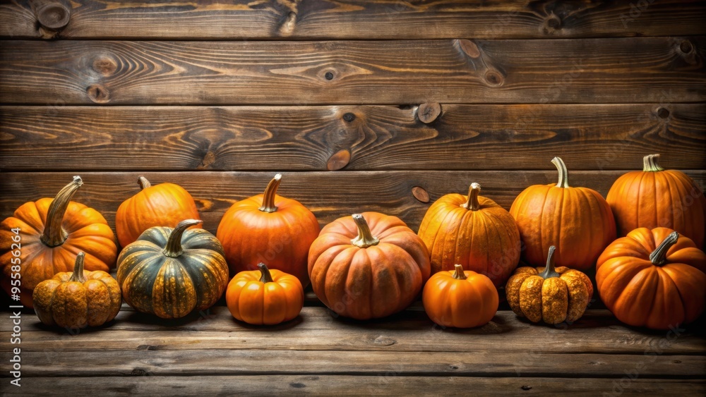Pumpkins arranged on a rustic wooden background, fall, autumn, harvest, seasonal, holiday, decoration, festive, orange Pumpkins arranged on a rustic wooden background, fall, autumn, harvest, seasonal, holiday, decoration, festive, orange