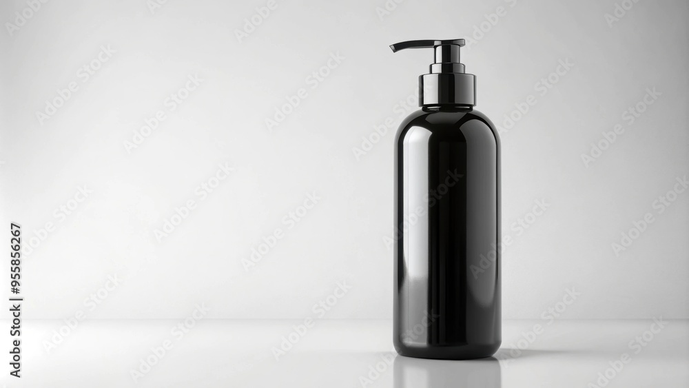 Black shiny shampoo bottle with pump mockup on a white background, shampoo, black, bottle, pump, mockup, glossy, beauty Black shiny shampoo bottle with pump mockup on a white background, shampoo, black, bottle, pump, mockup, glossy, beauty