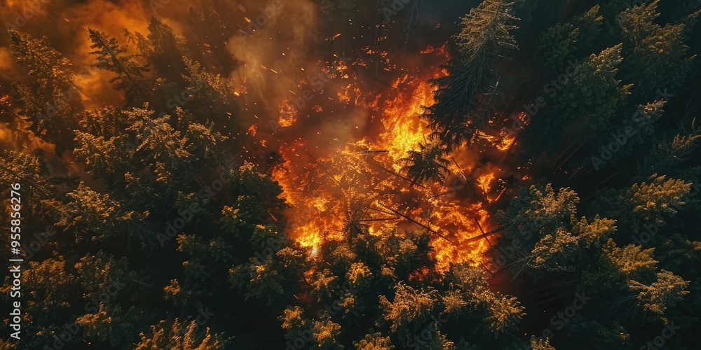 Aerial perspective of wildfire in a pine forest Drone capturing disaster scene Aerial perspective of wildfire in a pine forest Drone capturing disaster scene