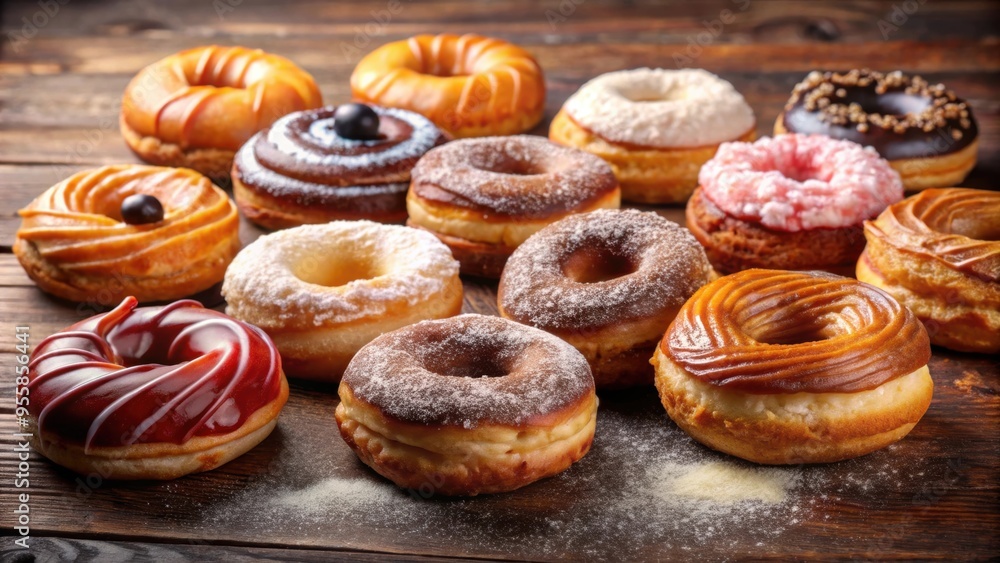Assortment of classic, filled, and sugar-coated cronuts on background , gourmet, pastry, bakery, doughnut, assortment Assortment of classic, filled, and sugar-coated cronuts on background , gourmet, pastry, bakery, doughnut, assortment