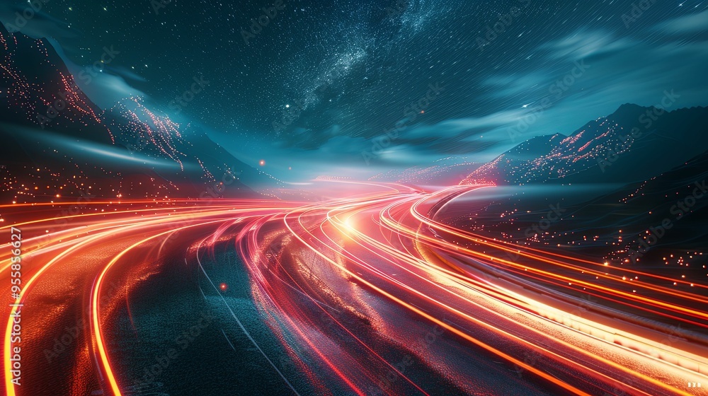 A winding road with bright red light trails in a nighttime landscape with mountains and a starry sky. A winding road with bright red light trails in a nighttime landscape with mountains and a starry sky.