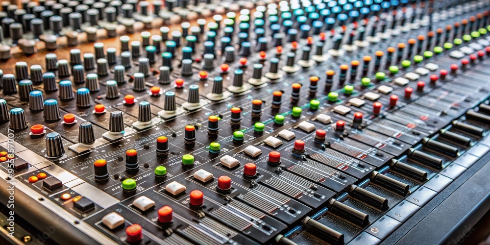 Fototapeta premium Close-up of a professional audio mixer with multiple knobs and sliders, mixer, knobs, sliders, controls, sound