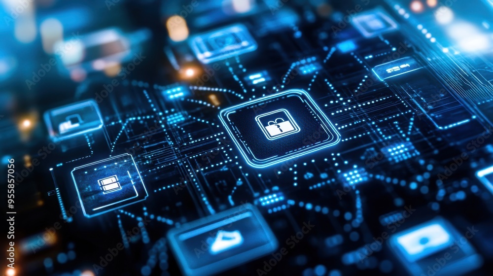 Digital wallet icon surrounded by a network of interconnected devices Digital wallet icon surrounded by a network of interconnected devices