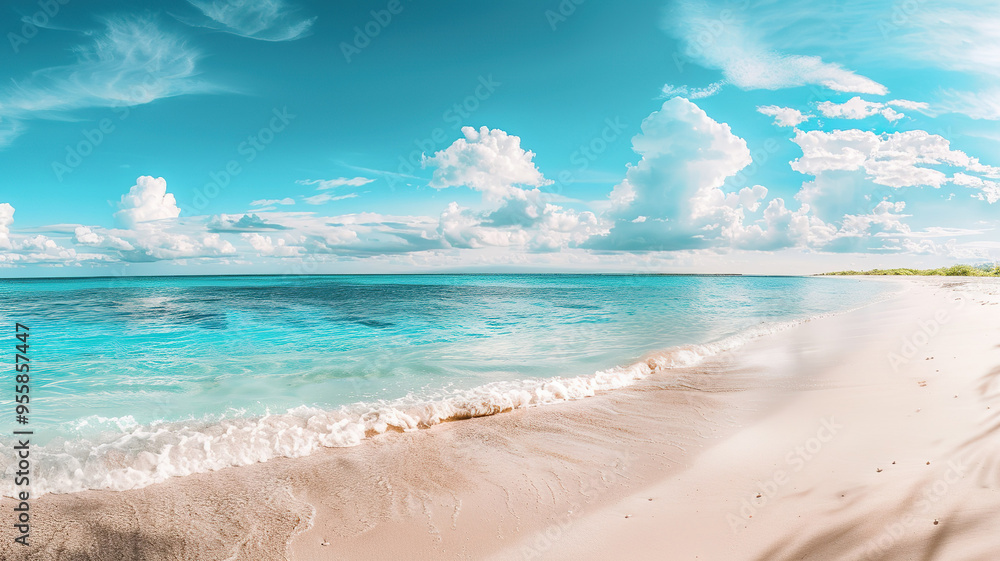 Fototapeta premium A beautiful beach with a clear blue ocean and a few clouds in the sky,