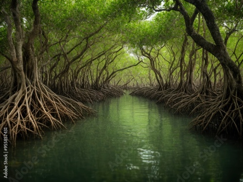 Mangrove tree and roots under water surface green foliage photo