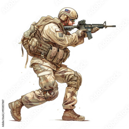  army action, cartoon soldier, white background