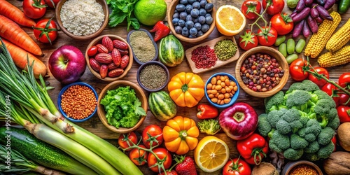 Colorful and varied food background with abundance of fresh and healthy foods, food, fresh, healthy, vibrant