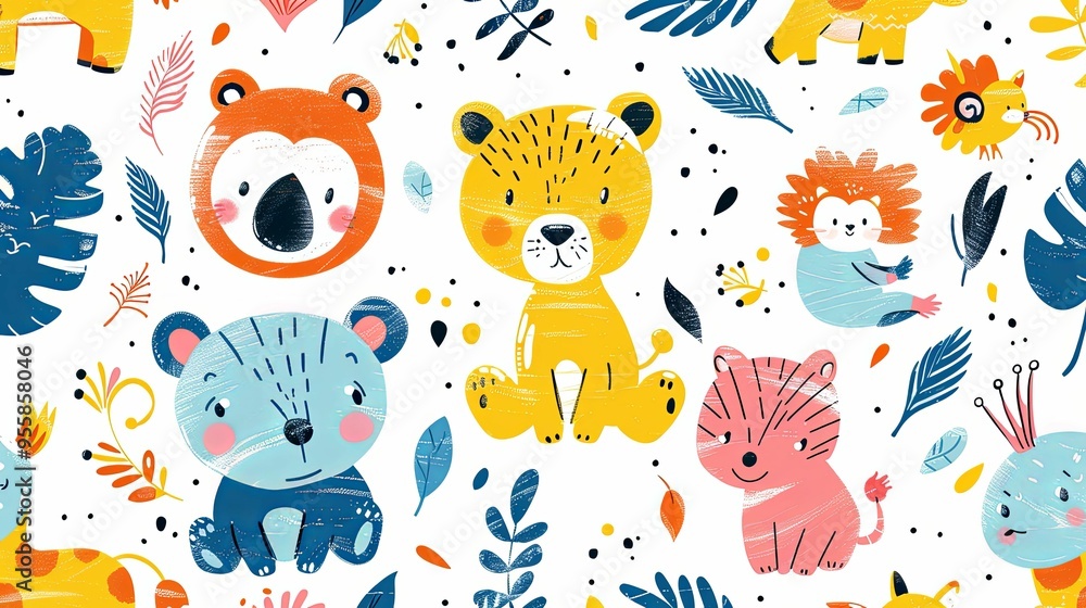 Colorful Seamless Pattern with Cartoon Animals and Plants Colorful Seamless Pattern with Cartoon Animals and Plants