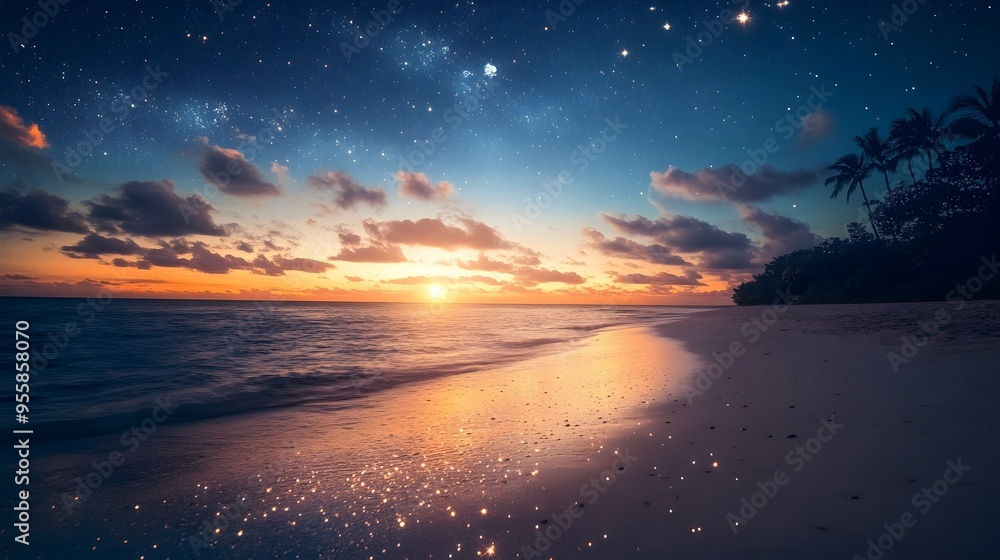 A tranquil beach with sand that sparkles like diamonds, under a sky filled with shooting stars A tranquil beach with sand that sparkles like diamonds, under a sky filled with shooting stars