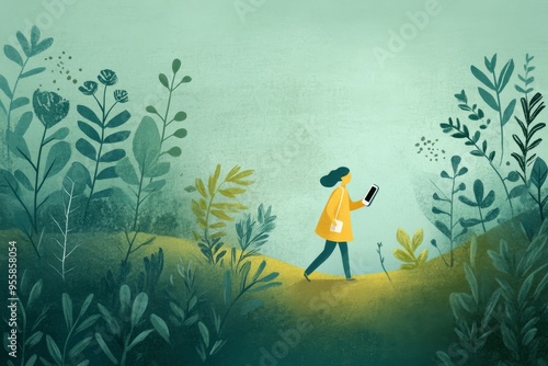 Détox smartphone dans la nature, concept. Personne qui sort se balader dans la nature et essaie de se passer de son téléphone. 